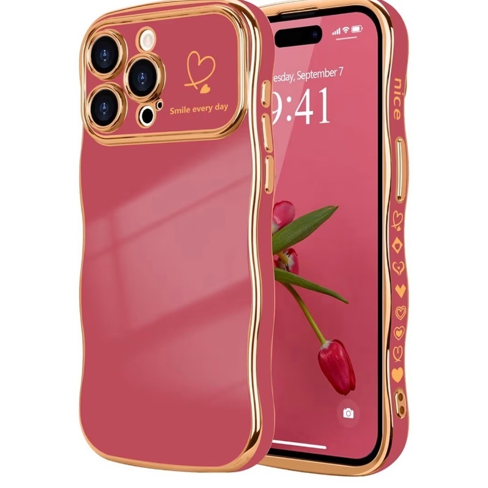 NWOT Faint Red Wave Phone Case for 15 Pro with Gold Trim.
